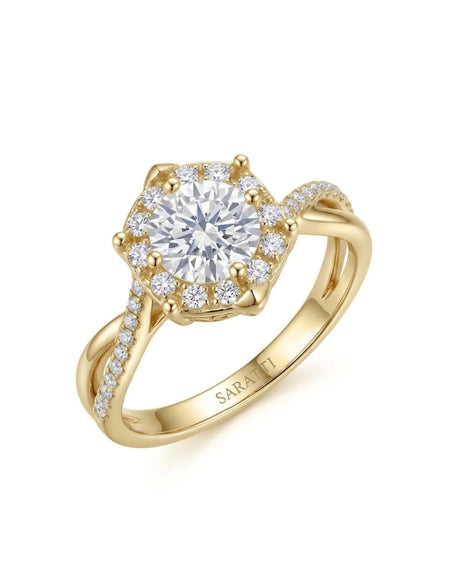 Yuma The Whispering Dawn natural round diamond halo engagement ring 45-degree view in 18K yellow gold | SARATTI