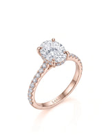 Adriana 1 carat F-colour oval natural diamond hidden halo ring in 18K rose gold, 45-degree hero view | SARATTI