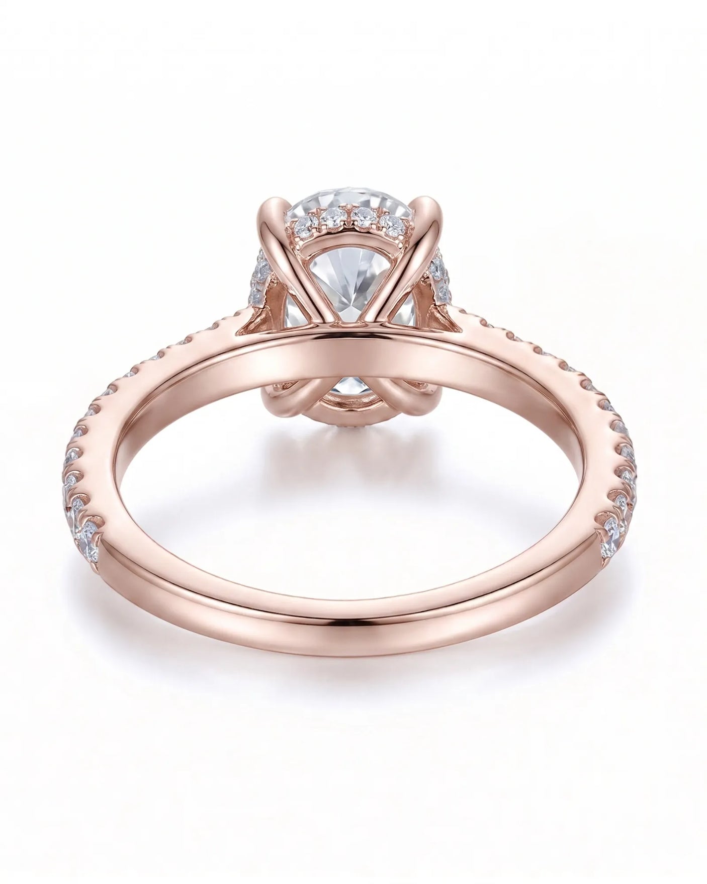 Adriana 1 carat F-colour oval natural diamond hidden halo ring in 18K rose gold, underside view of hidden halo setting | SARATTI