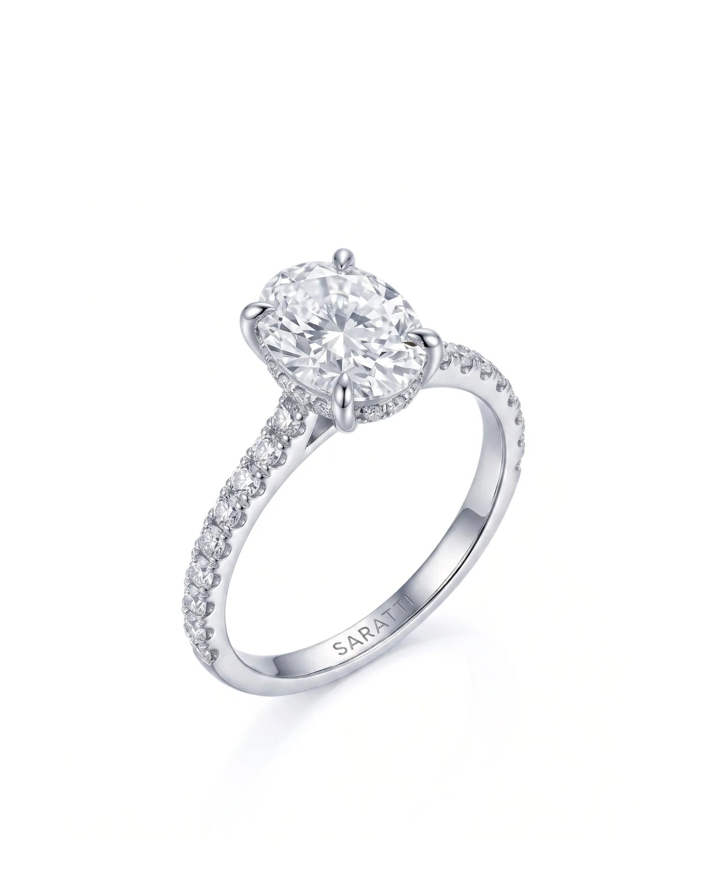 Adriana 1 carat F-colour oval natural diamond hidden halo ring in 18K white gold, 45-degree hero view | SARATTI