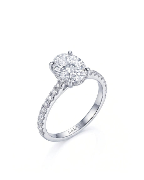 Adriana 1 carat F-colour oval natural diamond hidden halo ring in 18K white gold, 45-degree hero view | SARATTI