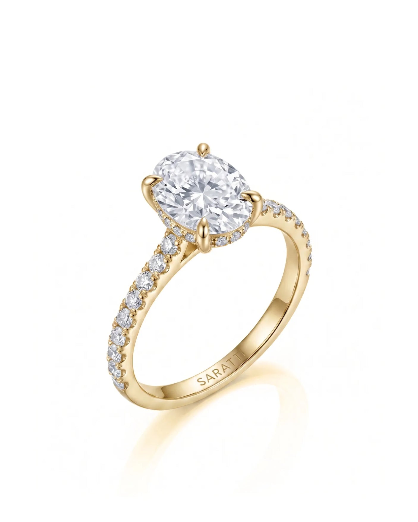 Adriana 1 carat F-colour oval natural diamond hidden halo ring in 18K yellow gold, 45-degree hero view | SARATTI