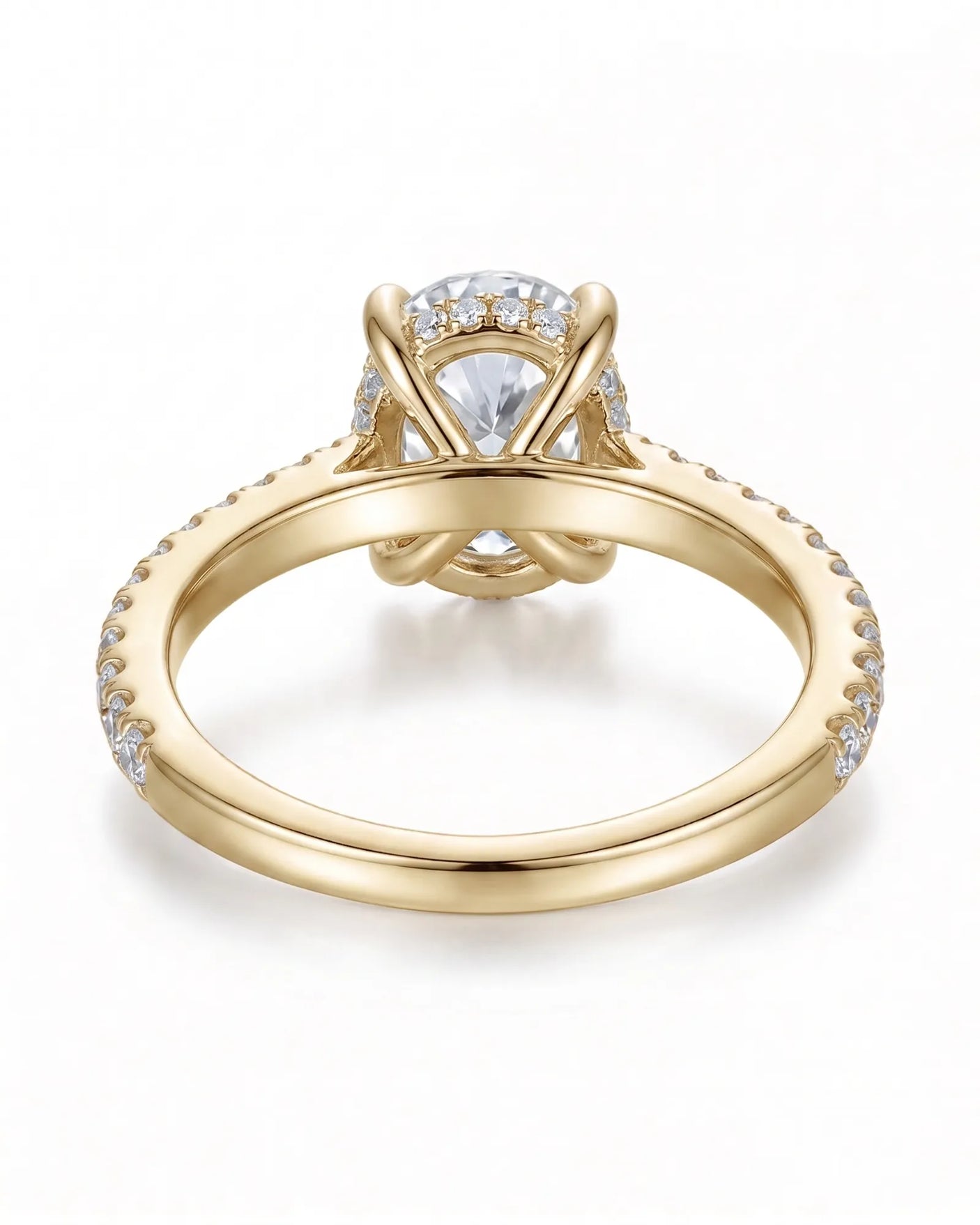 Adriana 1 carat F-colour oval natural diamond hidden halo ring in 18K yellow gold, underside view of hidden halo setting | SARATTI