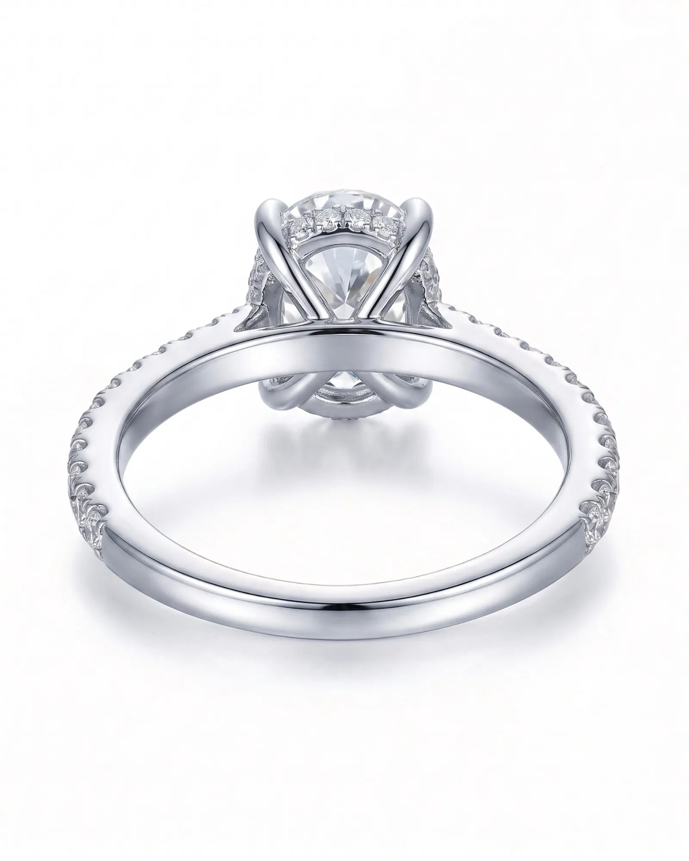 Adriana 1 carat F-colour oval natural diamond hidden halo ring in platinum, underside view of hidden halo setting | SARATTI