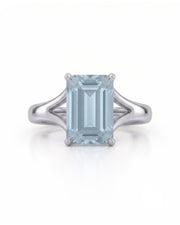 AERIA emerald cut Aquamarine split-shank solitaire ring setting in Platinum, front view | SARATTI