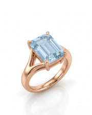 AERIA emerald cut Aquamarine split-shank solitaire ring setting in Rose Gold, 45-degree view | SARATTI