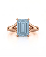 AERIA emerald cut Aquamarine split-shank solitaire ring setting in Rose Gold, front view | SARATTI
