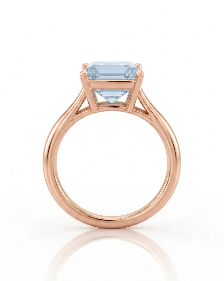 AERIA emerald cut Aquamarine split-shank solitaire ring setting in Rose Gold, rear gallery view | SARATTI