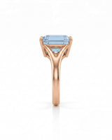 AERIA emerald cut Aquamarine split-shank solitaire ring setting in Rose Gold, side profile | SARATTI