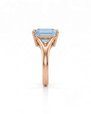 AERIA emerald cut Aquamarine split-shank solitaire ring setting in Rose Gold, side profile | SARATTI