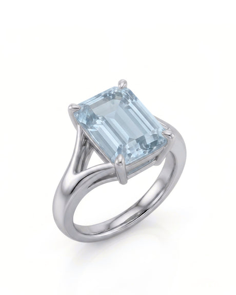 AERIA emerald cut Aquamarine split-shank solitaire ring setting in White Gold, 45-degree view | SARATTI