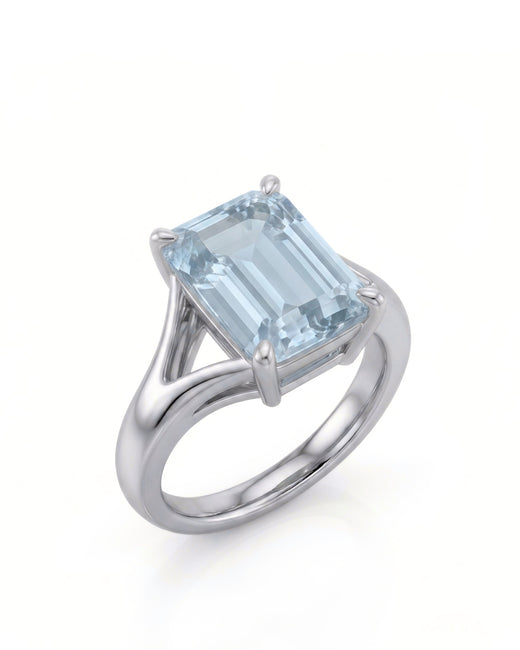 AERIA emerald cut Aquamarine split-shank solitaire ring setting in White Gold, 45-degree view | SARATTI