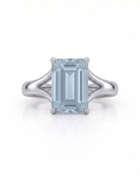 AERIA emerald cut Aquamarine split-shank solitaire ring setting in White Gold, front view | SARATTI