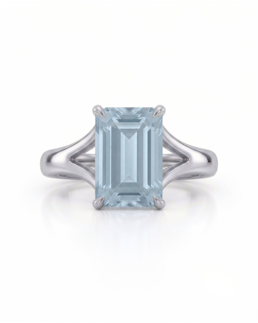 AERIA emerald cut Aquamarine split-shank solitaire ring setting in White Gold, front view | SARATTI