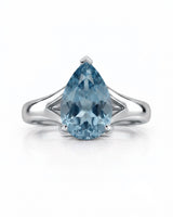 AERIA pear cut Aquamarine split shank solitaire ring setting in Platinum, front view | SARATTI