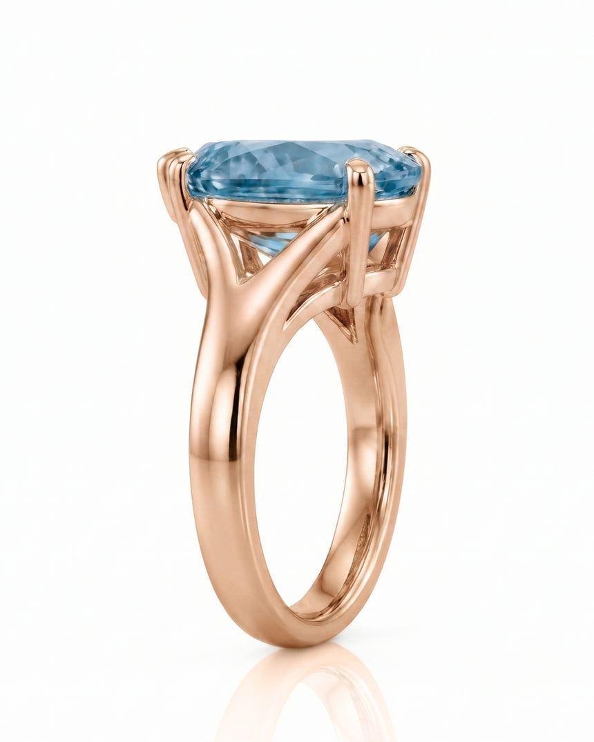 AERIA pear cut Aquamarine split shank solitaire ring setting in Rose Gold, side profile | SARATTI