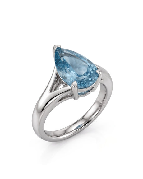 AERIA pear cut Aquamarine split shank solitaire ring setting in White Gold, 45-degree view | SARATTI