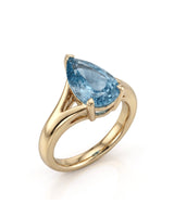 AERIA pear cut Aquamarine split shank solitaire ring setting in Yellow Gold, 45-degree view | SARATTI