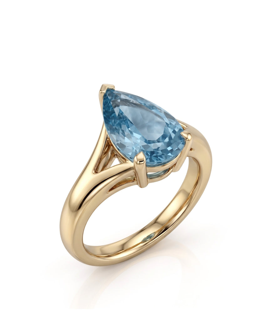 AERIA pear cut Aquamarine split shank solitaire ring setting in Yellow Gold, 45-degree view | SARATTI