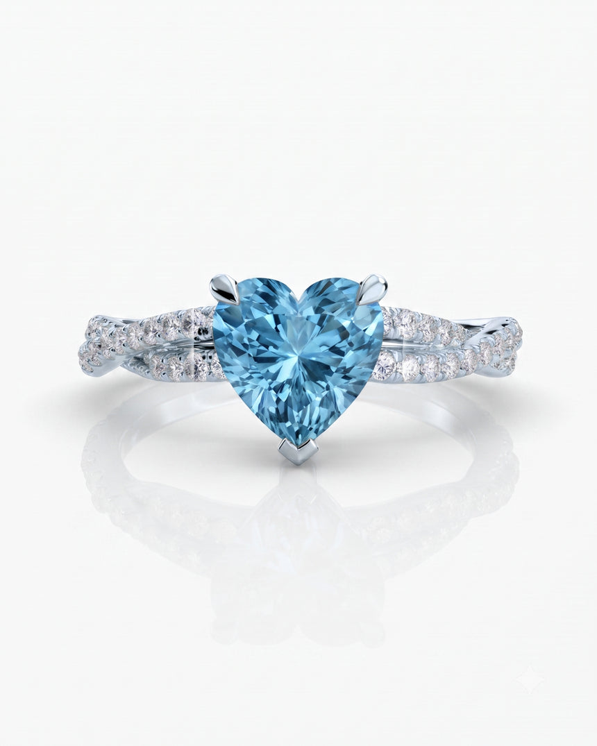 Amorette heart cut Aquamarine pavé split-shank ring setting in Platinum, front view | SARATTI