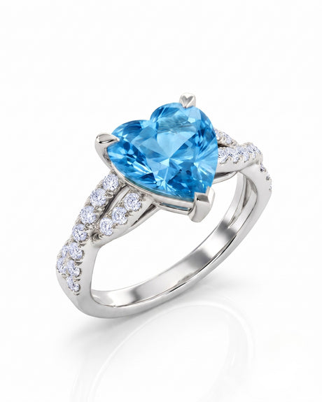 Amorette heart cut Aquamarine pavé split-shank ring setting in White Gold, 45-degree view | SARATTI