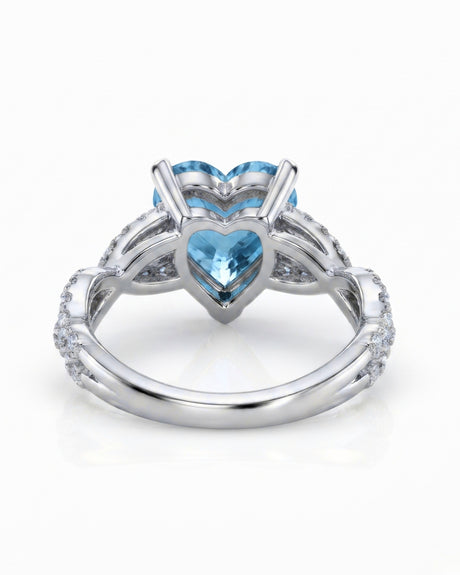 Amorette heart cut Aquamarine pavé split-shank ring setting in White Gold, rear gallery view | SARATTI