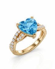 Amorette heart cut Aquamarine pavé split-shank ring setting in Yellow Gold, 45-degree view | SARATTI