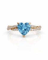 Amorette heart cut Aquamarine pavé split-shank ring setting in Yellow Gold, front view | SARATTI