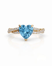 Amorette heart cut Aquamarine pavé split-shank ring setting in Yellow Gold, front view | SARATTI