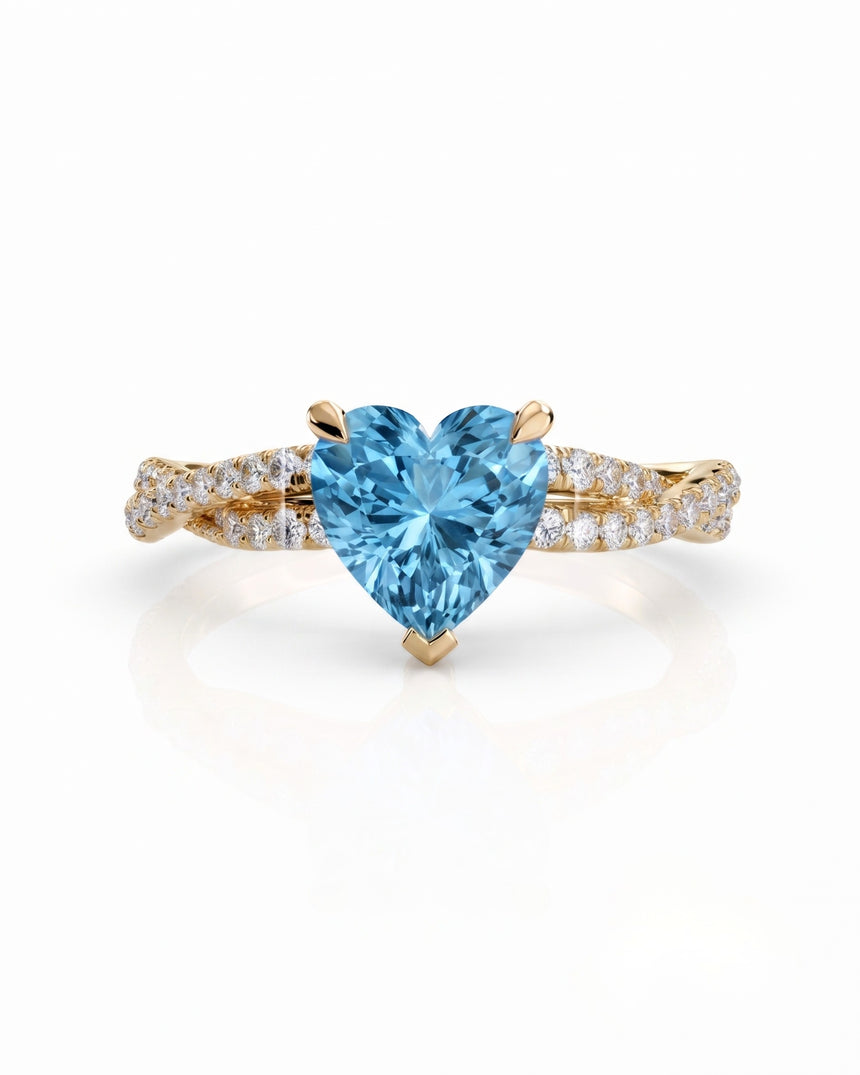 Amorette heart cut Aquamarine pavé split-shank ring setting in Yellow Gold, front view | SARATTI