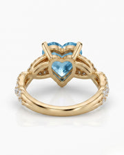 Amorette heart cut Aquamarine pavé split-shank ring setting in Yellow Gold, rear gallery view | SARATTI