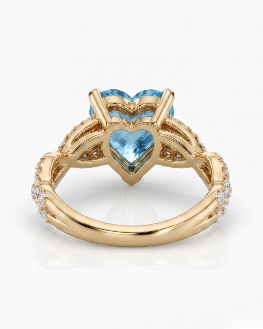 Amorette heart cut Aquamarine pavé split-shank ring setting in Yellow Gold, rear gallery view | SARATTI