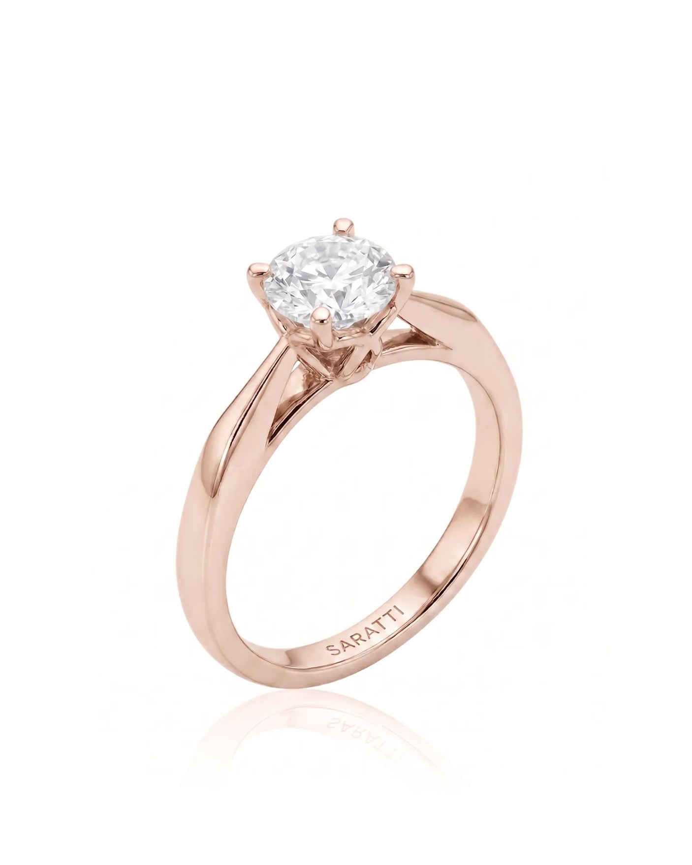 ARIA 1 carat round natural diamond solitaire engagement ring in 18K rose gold, 45-degree hero view | SARATTI