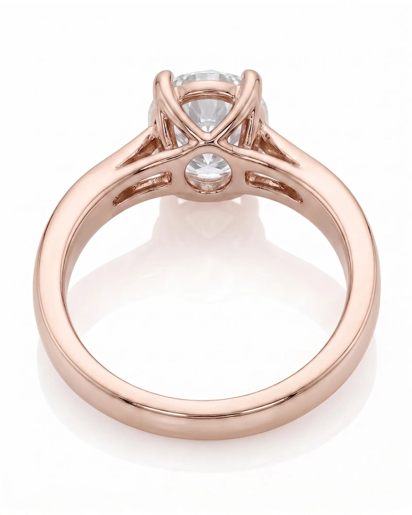 ARIA 1 carat round natural diamond solitaire engagement ring in 18K rose gold, underside view of open gallery | SARATTI
