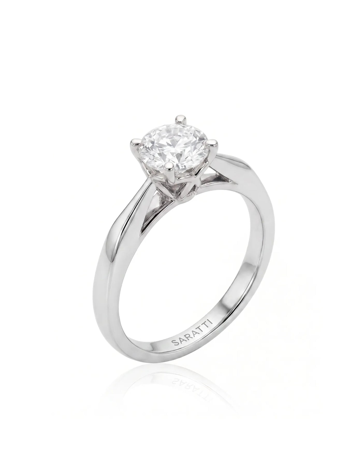 ARIA 1 carat round natural diamond solitaire engagement ring in 18K white gold, 45-degree hero view | SARATTI