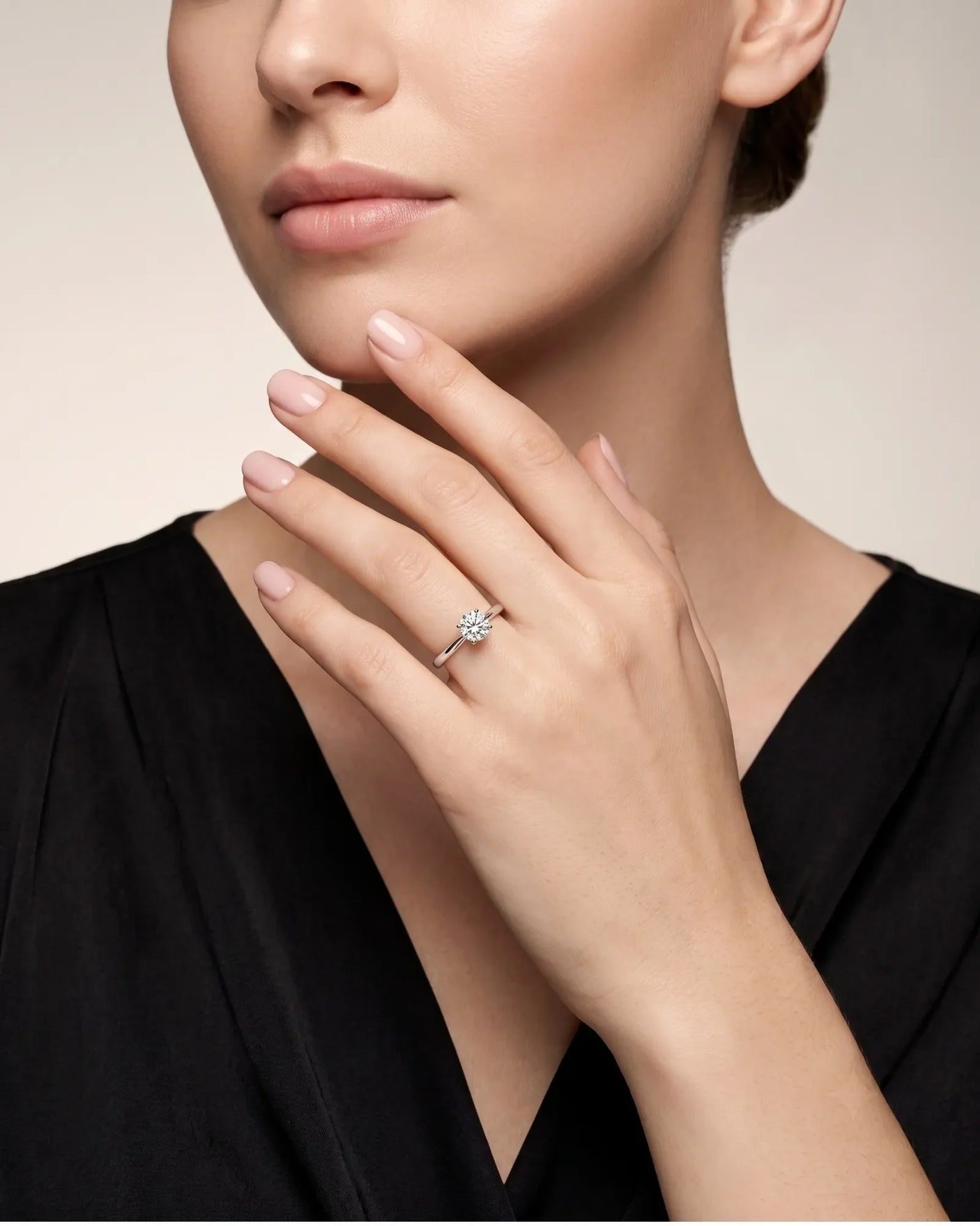ARIA 1 carat round natural diamond solitaire engagement ring in 18K white gold, worn on hand | SARATTI