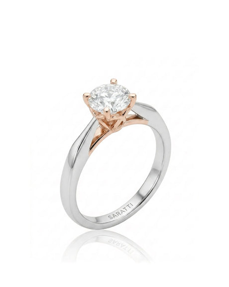 ARIA 1 carat round natural diamond two-tone solitaire engagement ring in 18K white and rose gold, 45-degree hero view | SARATTI