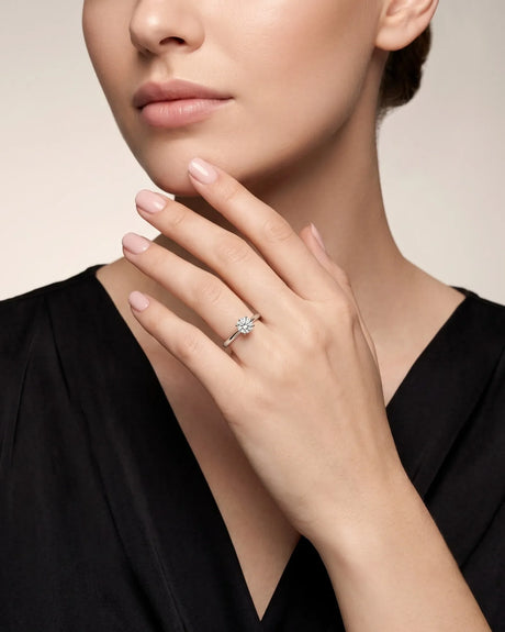 ARIA 1 carat round natural diamond two-tone solitaire engagement ring in 18K white and rose gold, worn on hand | SARATTI