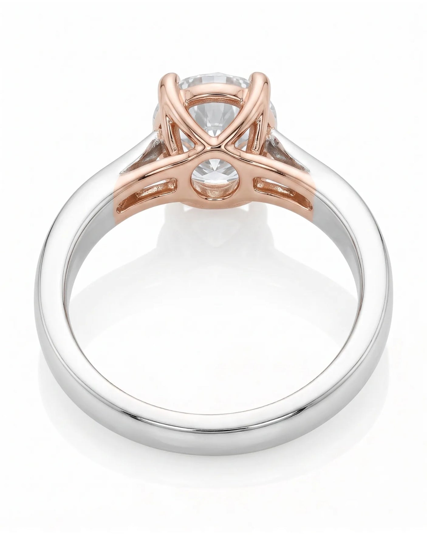 ARIA 1 carat round natural diamond two-tone solitaire engagement ring in 18K white and rose gold, underside view of open gallery | SARATTI