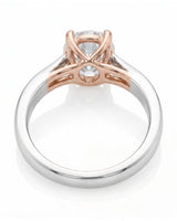 ARIA 1 carat round natural diamond two-tone solitaire engagement ring in 18K white and rose gold, underside view of open gallery | SARATTI