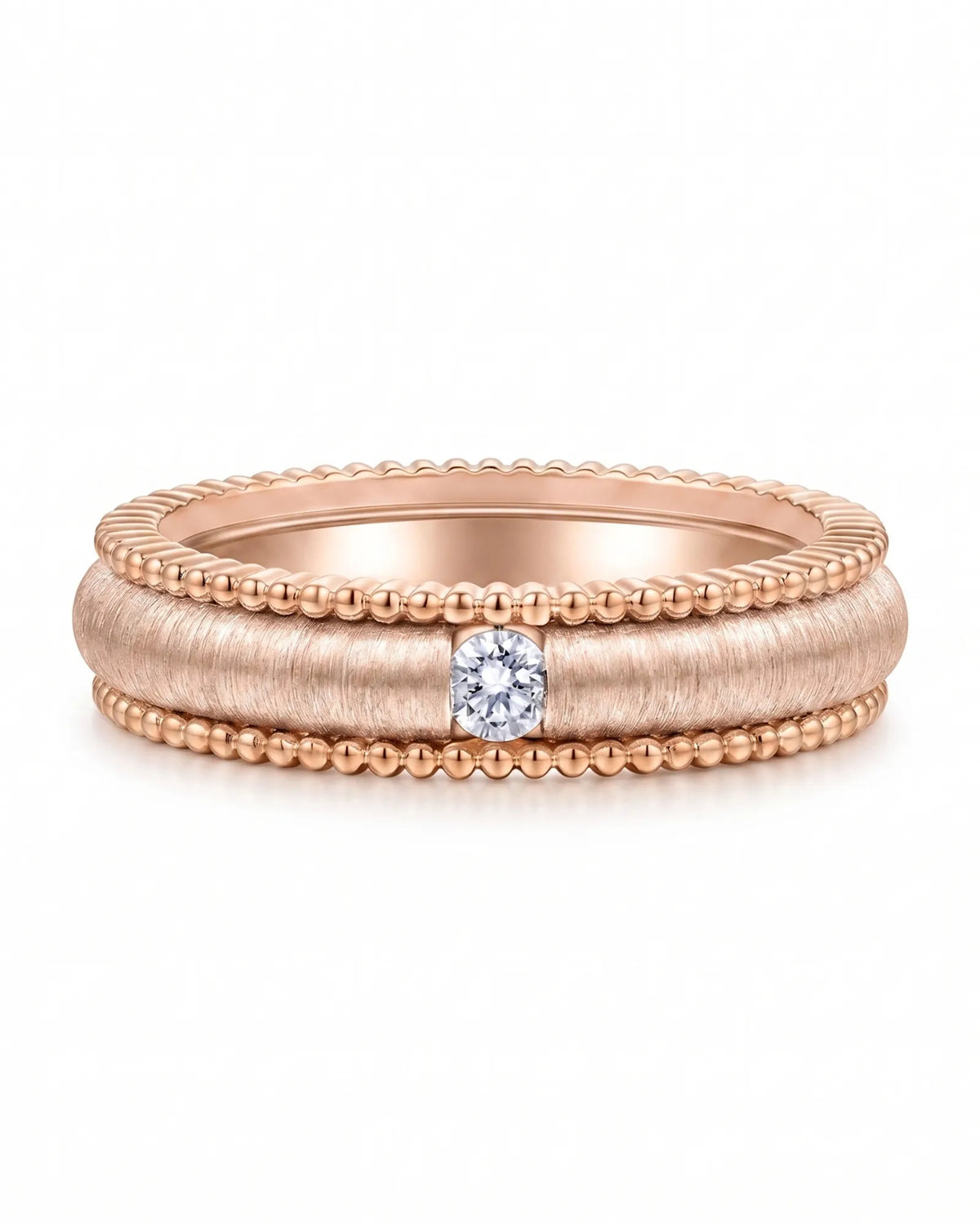 18K rose gold Art Nouveau wedding band with textured center, beaded edges and geometric detail | SARATTI