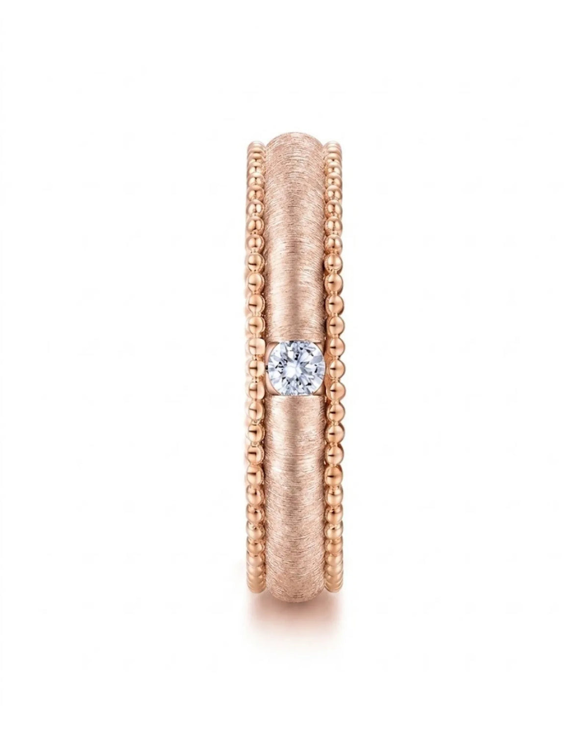 Natural diamond wedding band in 18K rose gold with intricate textured ornament and beaded edging | SARATTI