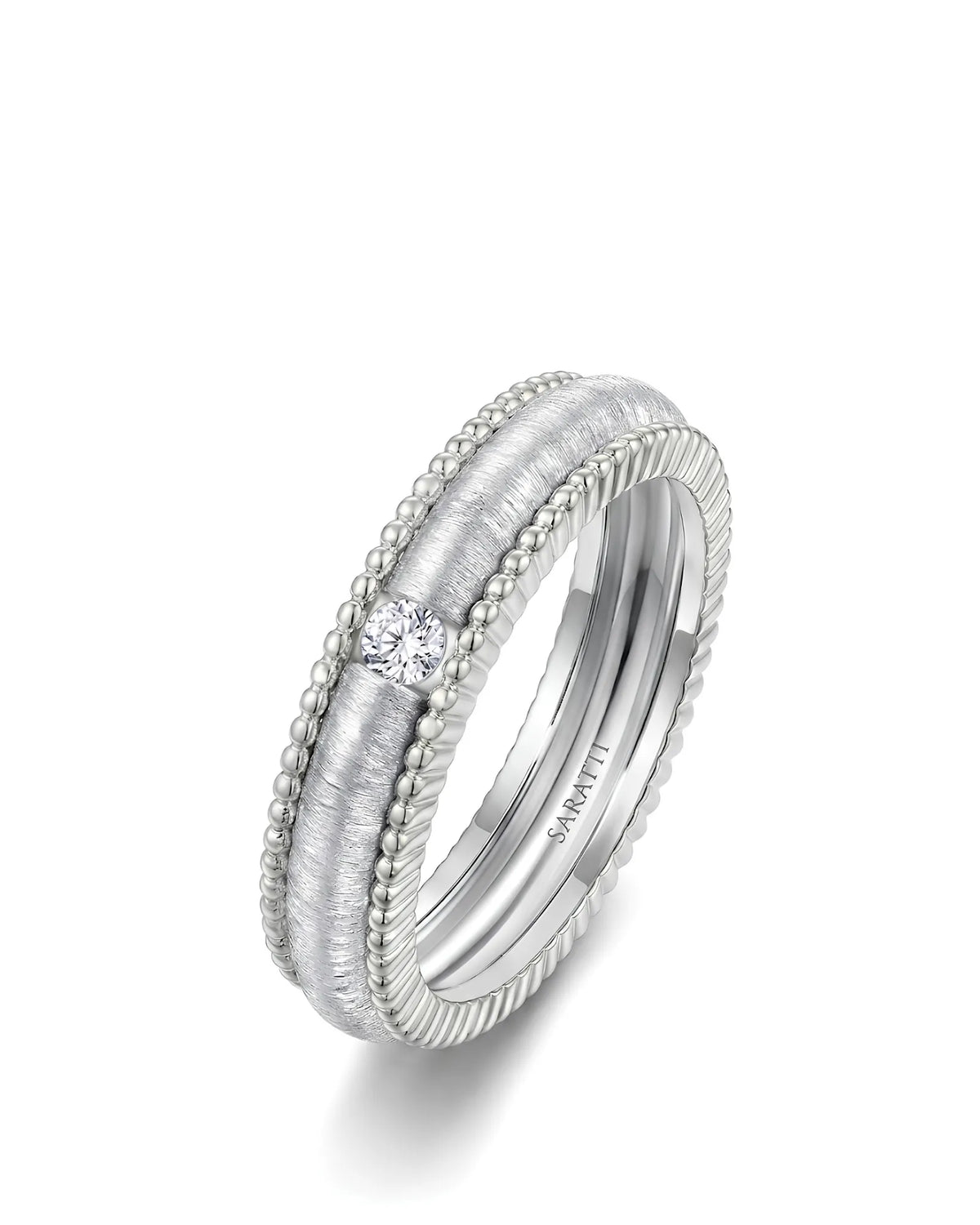 Art Nouveau diamond wedding band in 18K white gold with textured scrollwork and round diamonds | SARATTI