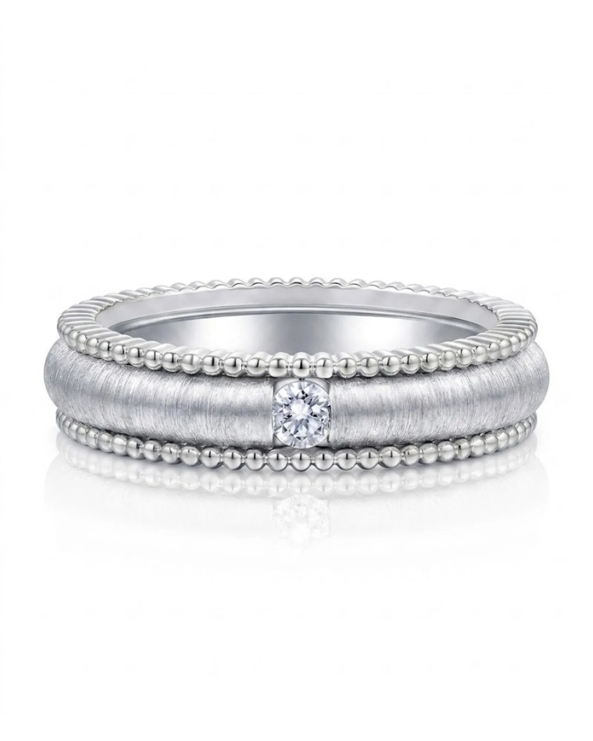 18K white gold Art Nouveau wedding band with textured center, beaded edges and geometric detail | SARATTI