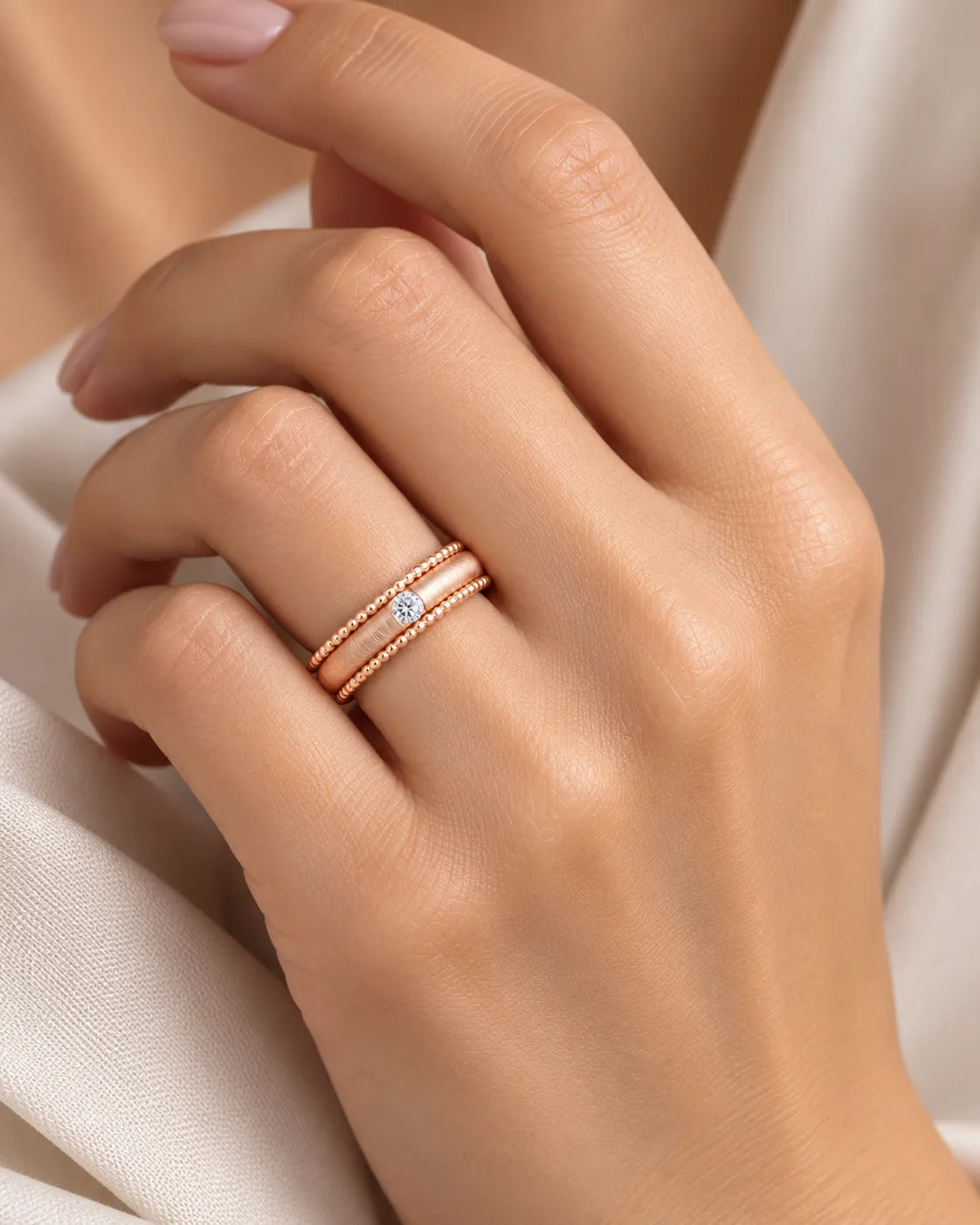 Art Nouveau diamond wedding band worn on hand in 18K rose gold | SARATTI
