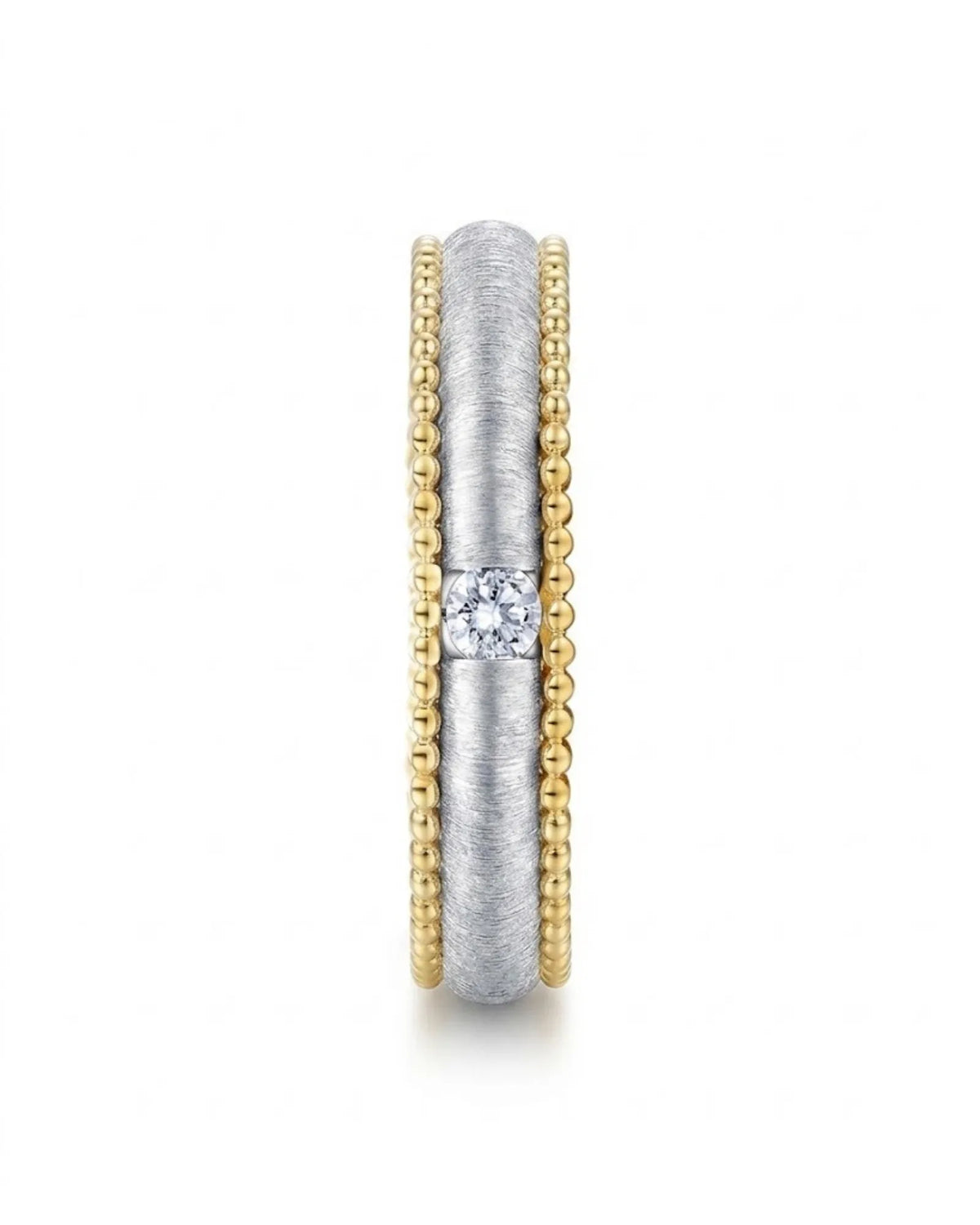 Art Nouveau two-tone wedding band with round diamonds, textured center and beaded edges | SARATTI
