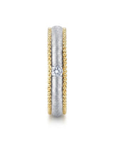 Art Nouveau two-tone wedding band with round diamonds, textured center and beaded edges | SARATTI