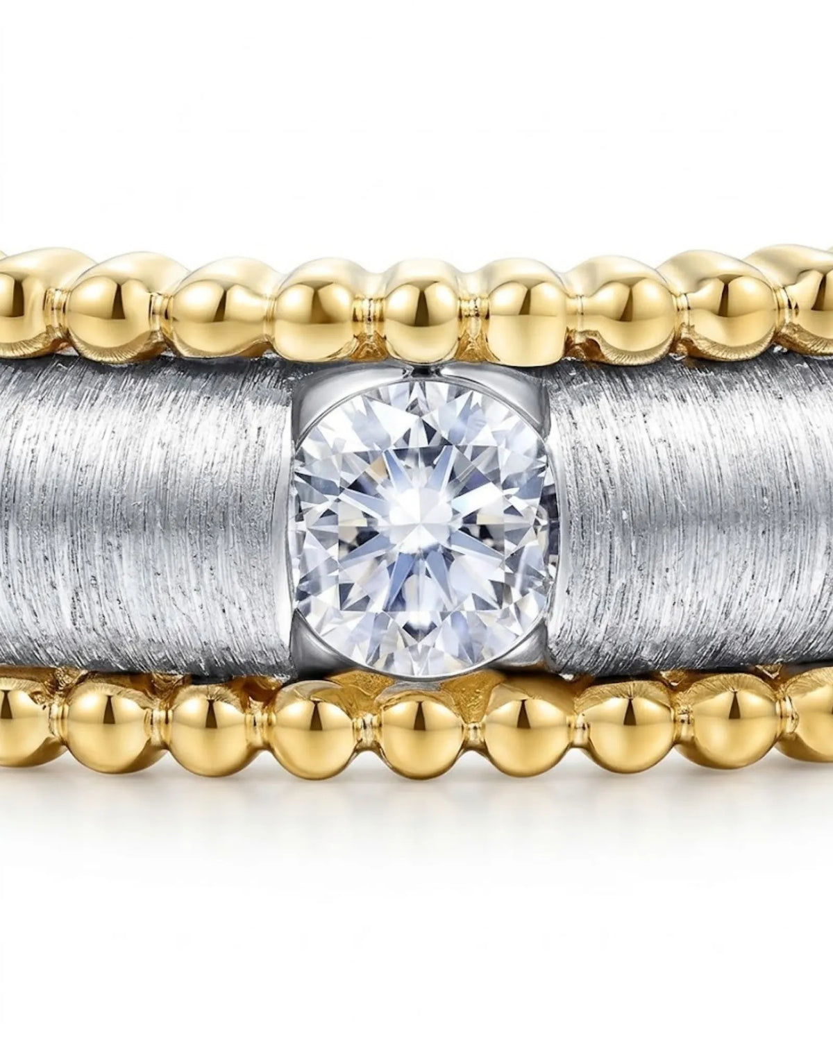18K yellow and white gold diamond wedding band with sculpted scrollwork and beaded border | SARATTI
