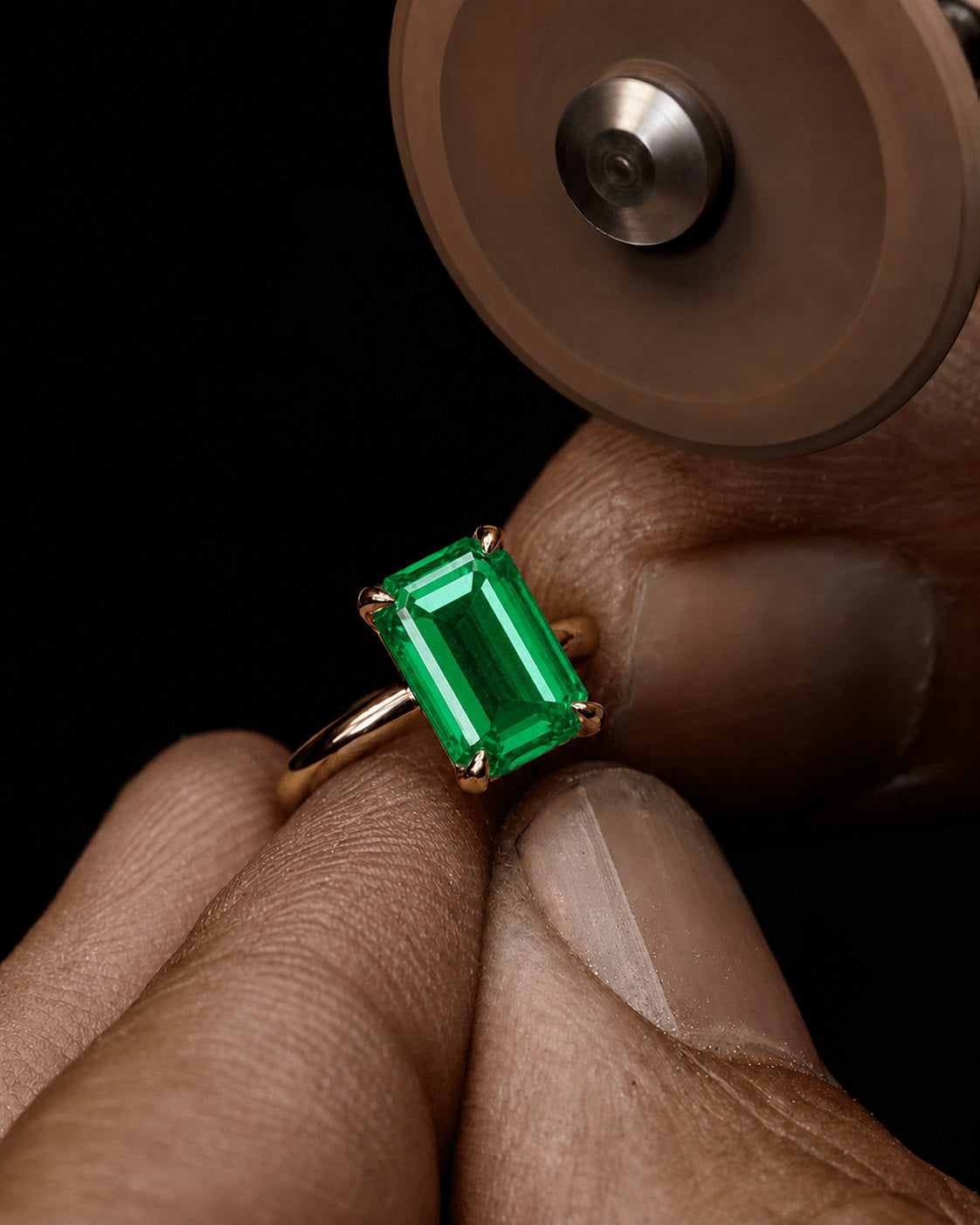 Green emerald hand-set in fine jewellery, claws placed clear of internal fractures | SARATTI