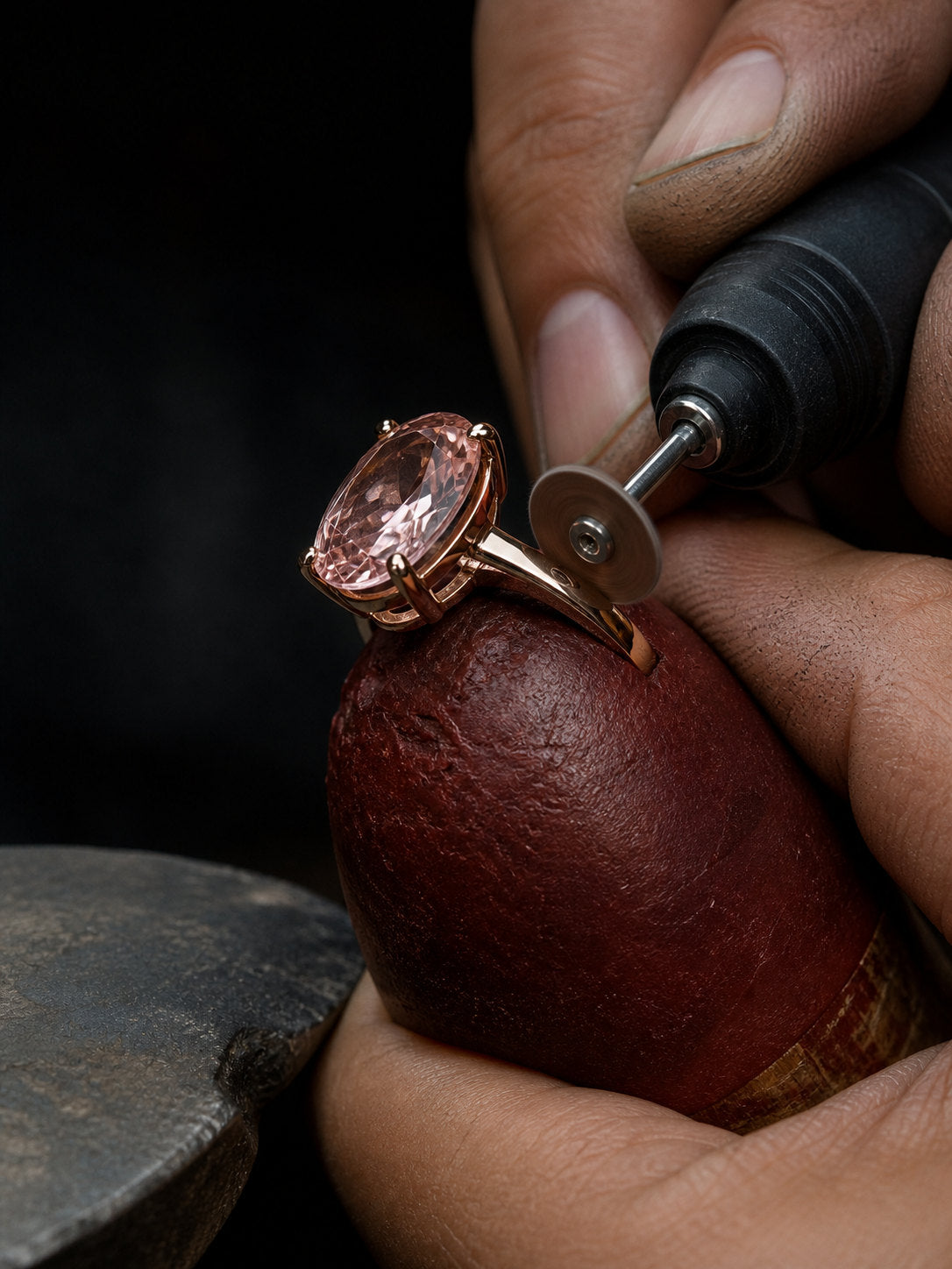 Pink morganite hand-set in fine jewellery with slim claws and an open gallery | SARATTI